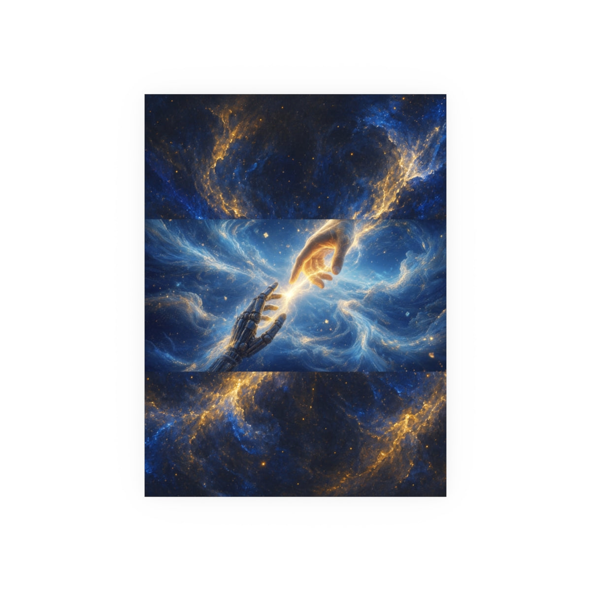 First Contact Wall Art Print — Human and Robot Hands Golden Spark Poster 18x24